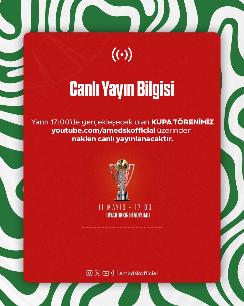 Yarın 17:00’de gerçekleşecek olan KUPA TÖRENİMİZ youtube.com/amedskofficial üzerinden naklen canlı yayınlanacaktır.