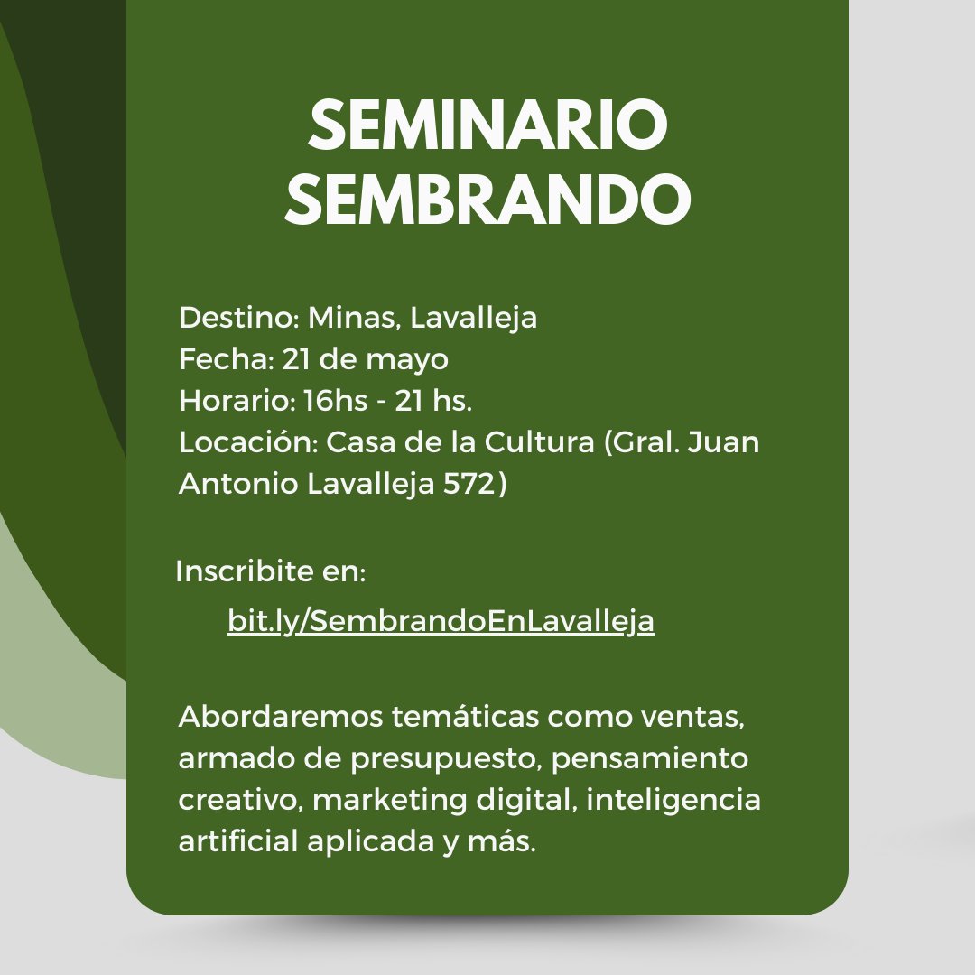 🌟Séptimo destino del año: Minas, Lavalleja 📅 Fecha: 21 de mayo 🕓 Horario: 16hs - 21hs 📍 Locación: Casa de la Cultura (C. Gral. Juan Antonio Lavalleja 572) Inscribite ingresando en: bit.ly/SembrandoEnLav…