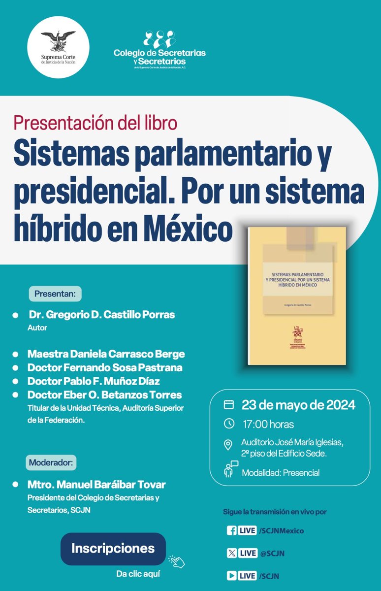 📣 Presentación del libro “Sistema parlamentario y presidencial. Por un sistema híbrido en México” 🗓️ 23 de mayo 🕔 17:00 horas 🖋️ Inscripción únicamente presencial: forms.gle/rNfKiacPexSAQ4… 🛑 Cupo limitado