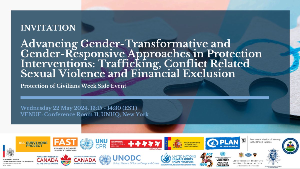 On 22 May, join UNU-CPR's @FAST_Initiative
for an in-person Protection of Civilians Week side-event with @AllSurvivorsPro on the need for gender-responsive approaches in protecting survivors of #modernslavery.  

🕛1:15 PM - 2:30 PM EST 
🗓️22 May 
📍UNHQ
🔗unu.edu/cpr/event/adva…