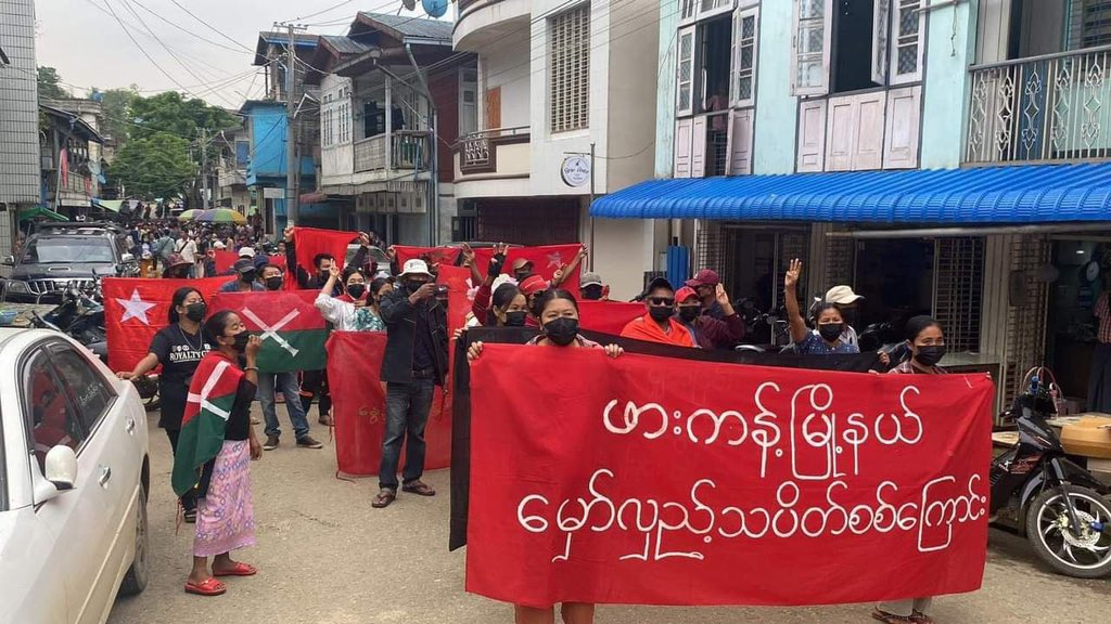 An anti-coup revolutionary protest somewhere in Kachin region.  #2024May10Coup #AgainstConscriptionLaw #WhatsHappeningInMyanmar