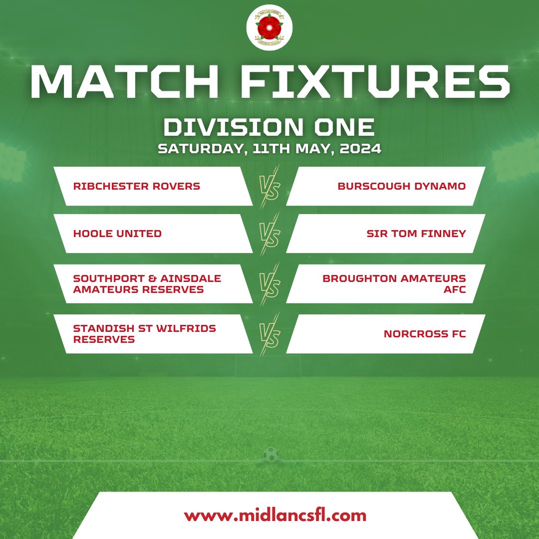 DIVISION ONE
Exciting Division One matchups! @BDynamoFC seeks to rise to second against @ribchesterfc, while leaders @BroughtonAFC and second-placed @NorcyFC take on mid-table rivals @SnAReserves and @wilfs_fc reserves. It's anyone's game!
#MidLancsFL #RespectTheRef #NoRefNoGame