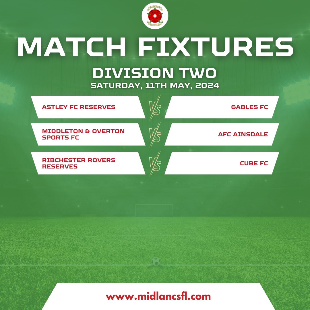 DIVISION TWO 3rd clashes with 2nd as Astley FC Reserves meet @GablesFc. Meanwhile, table-toppers hit the road to face @MOSportsFC. And at the bottom, @ribchesterfc reserves aim to finish strong against @CubeFCBolton. Let the action begin!#MidLancsFL #RespectTheRef #NoRefNoGame