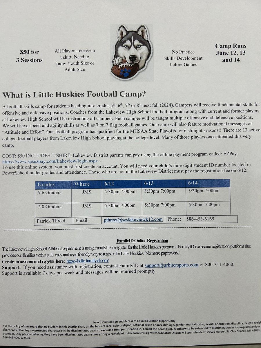 Lakeview Huskies Football (@scslvfootball) on Twitter photo Youth Football camp this summer for students going into 8th-7th-6th and 5th grades in the fall of 2024.June 12-13-14.For more information email pthreet@scslakeview-k12.com #11_Mile Youth Football camp this summer for students going into 8th-7th-6th and 5th grades in the fall of 2024.June 12-13-14.For more information email pthreet@scslakeview-k12.com #11_Mile