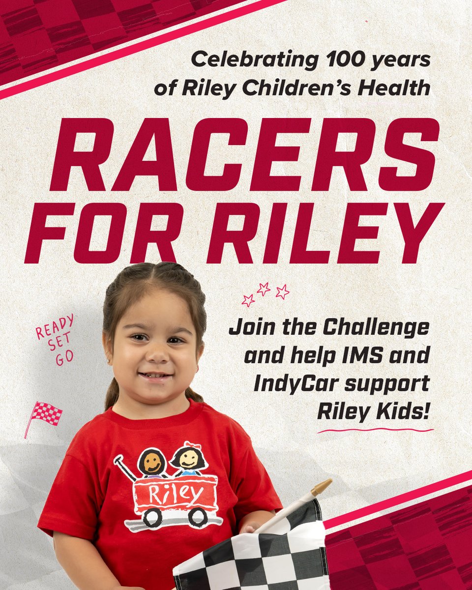 Celebrate 100 years of Riley Children's Health with @INDYCAR and @IMS! 🎉 Donate to Racers for Riley to help all Indiana kids and their family have access to the best care: give.rileykids.org/racersforriley