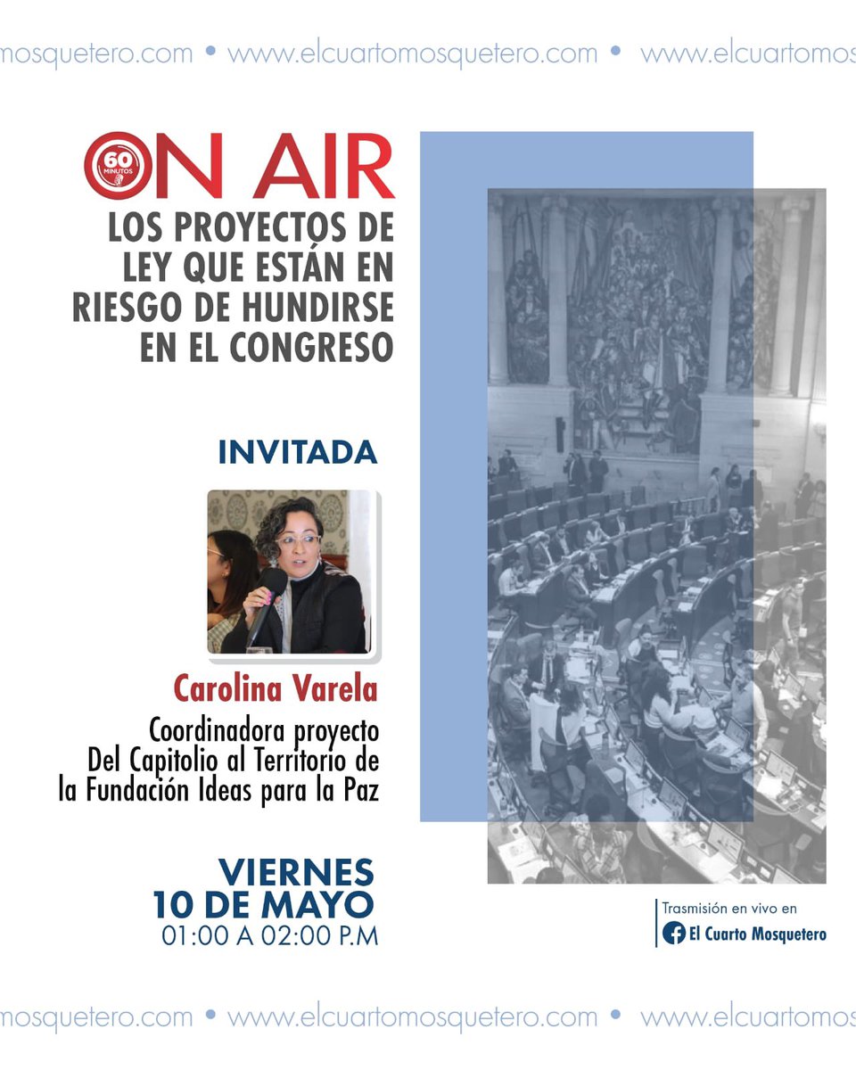 #AEstaHora Estamos en entrevista con El Cuarto Mosquetero, hablando sobre los proyectos de ley que están en riesgo de hundirse en esta legislatura y que podrían favorecer la implementación del Acuerdo de Paz. Conéctense a este enlace 👉🏽 facebook.com/share/v/qw6pUo…