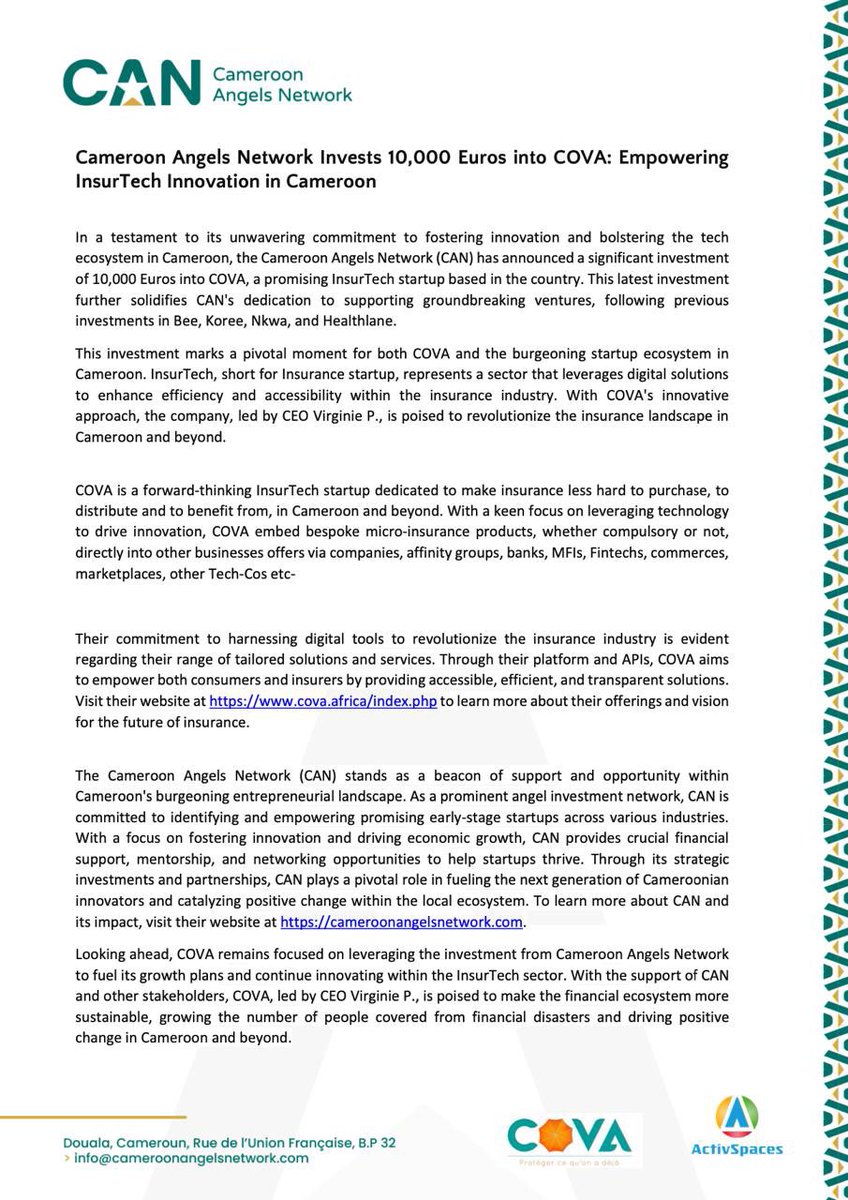 CameroonAngels's tweet image. Want to know more about our latest investment? Read our press release attached. COVA joins Cameroon Angels Network portfolio startups. 
With a 10.000 euros investment from CAN.
