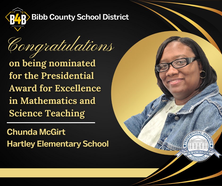Congratulations, Chundra McGirt, on your nomination for the PAEMST Award! Your dedication to teaching and passion for education is a shining light. Happy Teacher Appreciation Week! @BibbSchools @HartleyTigers @EduHurley @PrideEastside @LaquontaSmith 
#inspired2inspire
#Built4Bibb