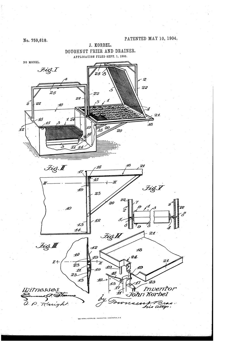 On this date in #innovation history: John Korbel receives a #patent in 1904 for his #invention of a mass-production donut fryer, reducing cost & increasing accessibility of this yummy treat #PatentsMatter #MmmDonuts @uspto @krispykreme @dunkindonuts @DuckDonuts @TheSimpsons