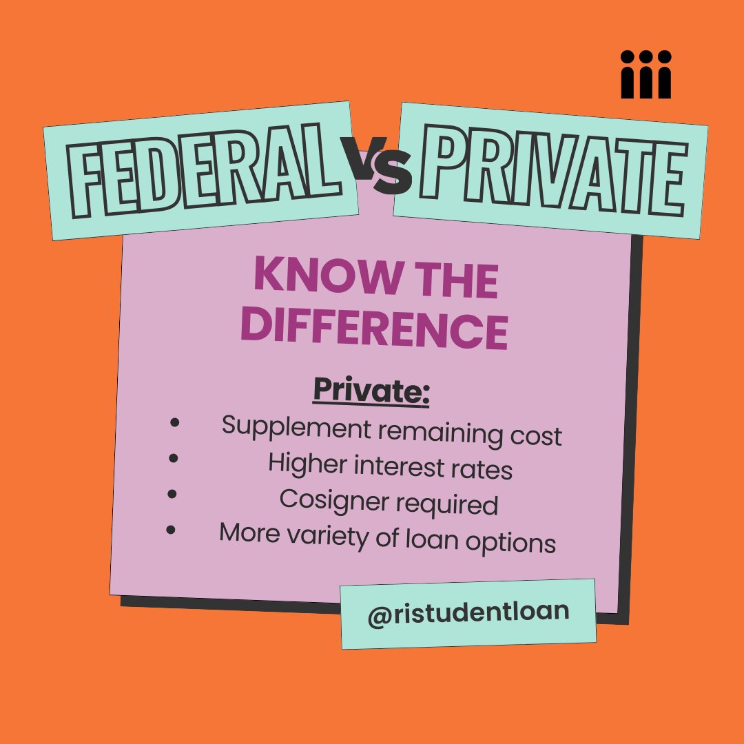 Federal vs. Private 🏫 It’s essential to know the difference. 
Be sure to understand all loan terms and conditions before accepting a loan.

#risla #studentloans #highered #finaid #fafsa