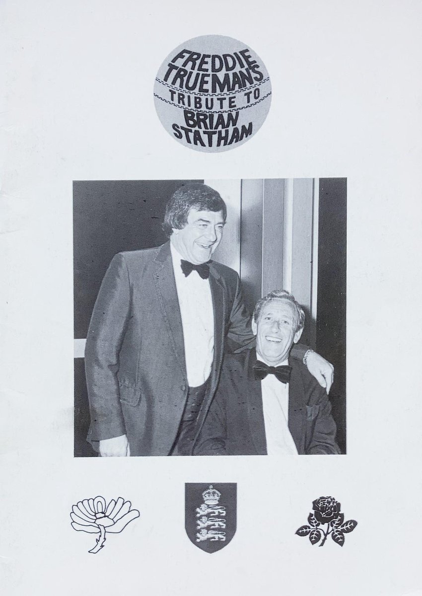 In 1989 Fiery Fred organised a benefit for his old mate Brian Statham, who had fallen on hard times, at the Grosvenor Hotel in London - on the right is the programme for the evening, which you can see 'George' holding in the shot on the left.