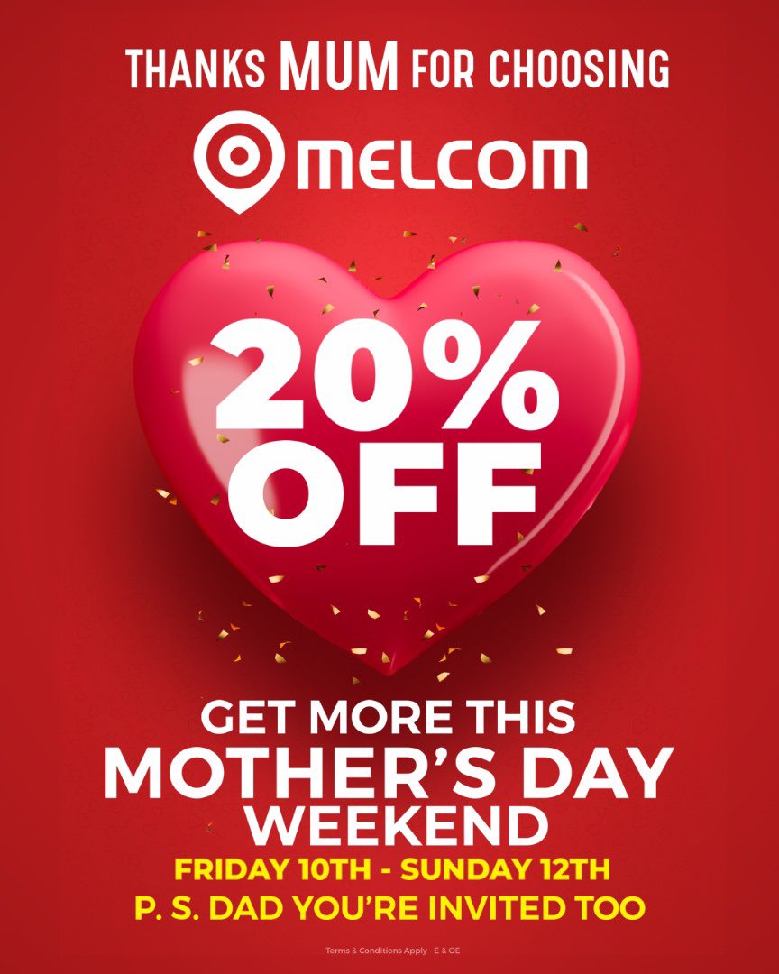 Let every woman feel the love of motherhood. Celebrate your Mum this May, at any Melcom Store near you and enjoy 20% off this weekend in this Mother’s Day Celebration from Friday 10th to Sunday 12th of May 2024. Terms and conditions Applies Melcom where Ghana shops #Melcom