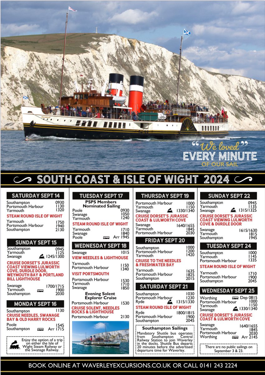 WAVERLEY SET TO MEET PADDLE STEAMER KINGSWEAR CASTLE ON THE RIVER DART We are thrilled to be releasing Waverley’s much anticipated South West, South Coast & Isle of Wight Timetable with an exciting range of cruises on offer. The runaway highlight of 2024 will be the meeting of