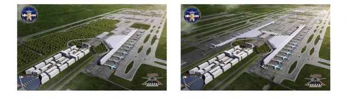 Eduardo_Ballina's tweet photo. @champsanchez Así es, .@champsanchez 

El #AIFA se inauguró #incompleto

No solo no se construyeron las 2 fases.

Así nos presentaron fase 1 (izq) y fase 2 (der).

La fase 1, incluiría la “Ciudad Aeroportuaria” con una docena de edificios. NO EXISTE. Solo se construyó 1 edificio, el hotel. https://t.co/T5quuAp5V4