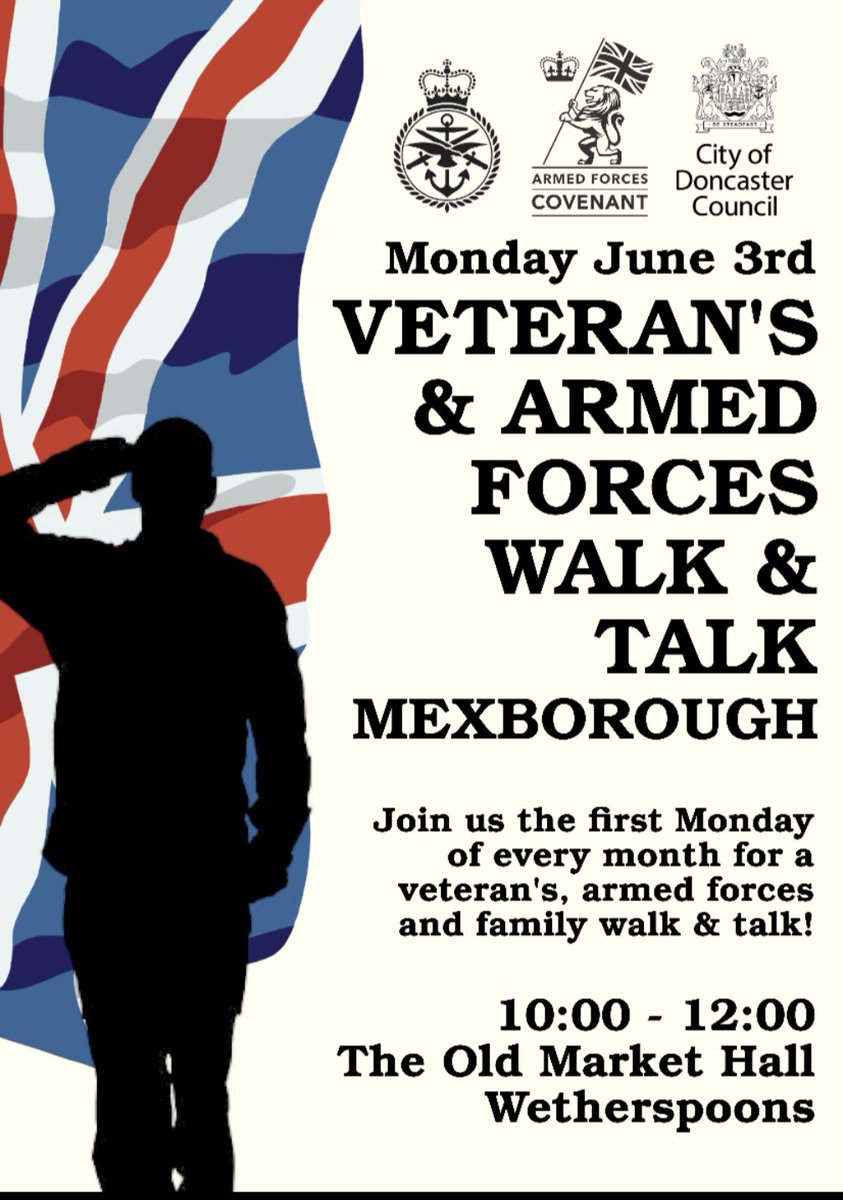 Please help share & promote this @DoncasterForces @MyDoncaster Veterans & Armed Forces Walk & Talk in #Mexborough, #Doncaster, #SouthYorkshire. Monday 3rd June & 1st Monday of each month thereafter. #MentalHealthSupport & #PeerSupport.