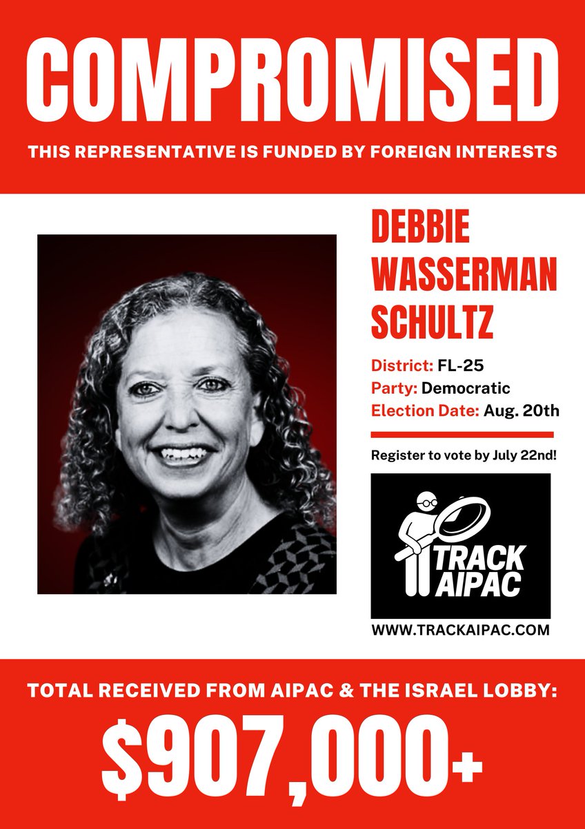 @RepDWStweets Debbie Wasserman Schultz is COMPROMISED. She has collected >$900,000 from the Israel lobby. Now she parrots their talking points and does their bidding in Congress. #RejectAIPAC