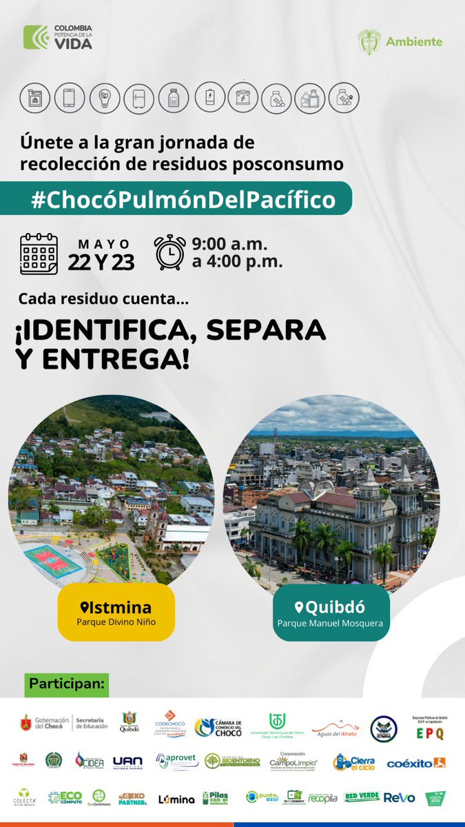 Aprovetco's tweet photo. Recolección de Residuos Posconsumo Chocó. Identifica, Separa y Entrega! #ChocóPulmónDelPacífico
La jornada se llevará a cabo de la siguiente manera: 
22 y 23 de Mayo de 2024
HORA: 9:00 am a 4:00pm
Puntos de recolección:
Quibdó: Parque Manuel Mosquera
Istmina: Parque Divino Niño https://t.co/l7EpvE9n1G