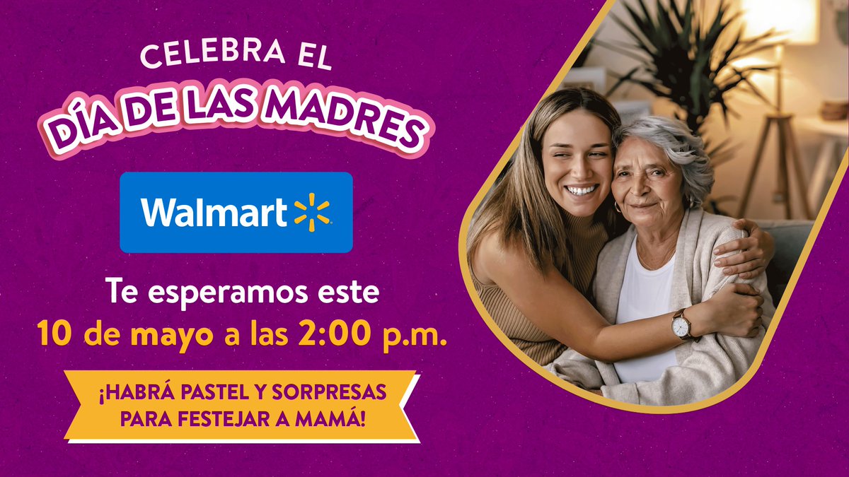 ¡Celebremos a mamá en su gran día! No te pierdas este evento que #Walmart organiza para festejarlas, te esperamos a las 2.00pm en tu tienda más cercana. Habra pastel música y muchas sorpresas para consentirlas y demostrarles el amor y respeto que sentimos por ellas.