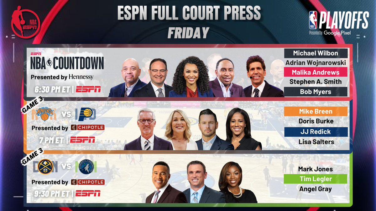 Friday, @ESPNNBA 2024 #NBAPlayoffs coverage continues with a doubleheader 6:30p ET | Countdown 🏀 7p ET | #NewYorkForever vs #BoomBaby 🎙️ Mike Breen, @heydb, @jj_redick, @saltersl 🏀 9:30p ET | #MileHighBasketball vs #RaisedByWolves 🎙️ @MarkJonesESPN, @LegsESPN, @Angel_Gray1