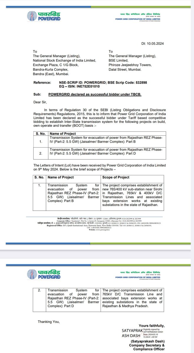 #PowerGrid has been declared a successful bidder to establish Inter-State Transmission system for the following projects 

1) Establishing new 765kV & 400kV D/C Transmission lines in Rajasthan 

2)Establishing 765kV D/C transmission line in Madhya Pradesh 

#PowerGrid #energy