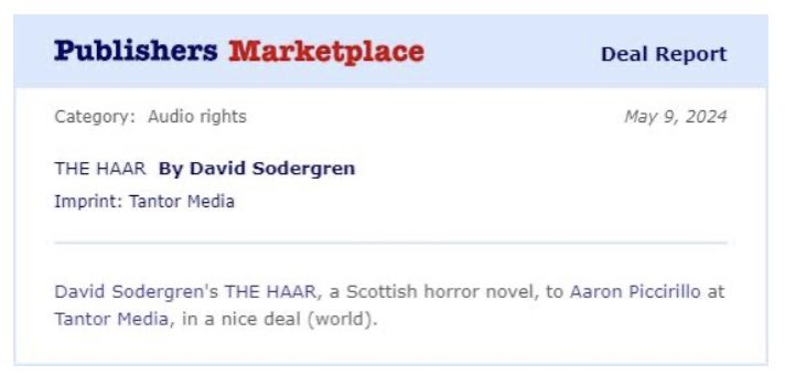 Hey, my first Publishers Marketplace announcement! THE HAAR audiobook coming soon from @TantorAudio