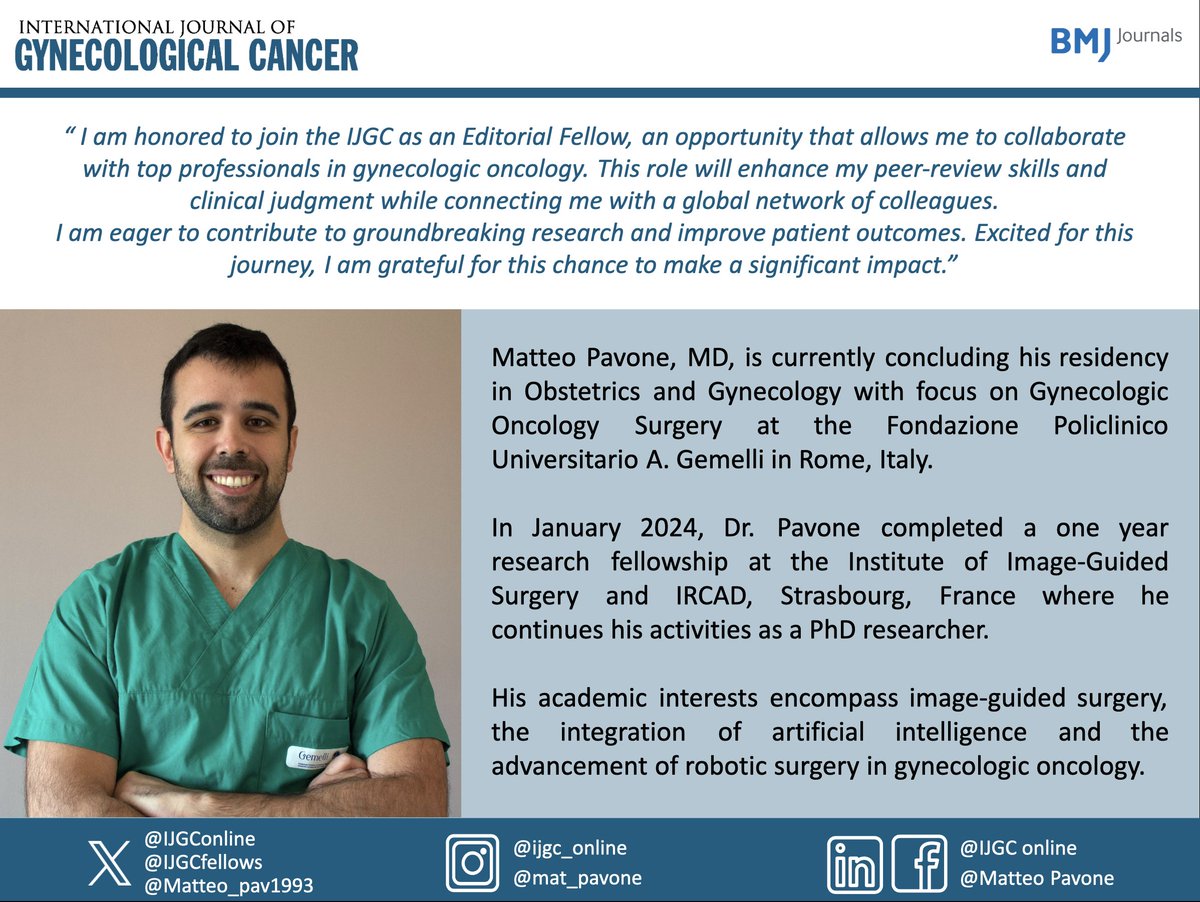 Meet Dr. Pavone @matteo_pav1993 one of the new #EditorialFellow, from the Fondazione Policlinico Universitario A. Gemelli, Italy🇮🇹 Welcome Matteo!👋🤩 @pedroramirezMD @HsuMd @JayrajAarthi @AndreFernandes2 @IGCSociety @ESGO_society @ENYGO_official @OncoAlert @IJGCfellows @GynMe4