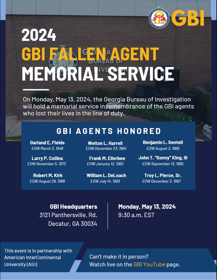Join us as we come together with @GBI_GA for the upcoming 4th Annual Fallen GBI Agent Memorial Service & Wreath Laying Ceremony at GBI HQ. youtube.com/@GeorgiaBureau… #GBIMemorial #AIUProud