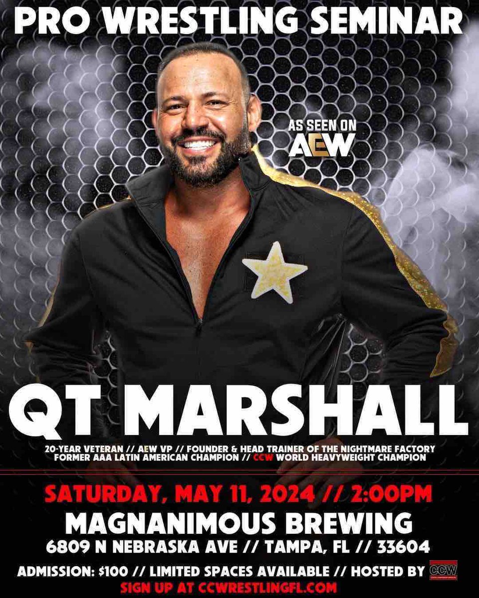 PRO WRESTLERS! QT Marshall will be in TAMPA for a special seminar. Spots are limited. Sign up, and do not miss this opportunity! Whether you’re looking to take your skills and knowledge to the next level, this is for you. 🚨 TOMORROW 🚨 SIGN UP HERE ⤵️ ow.ly/trAl50RC4BI