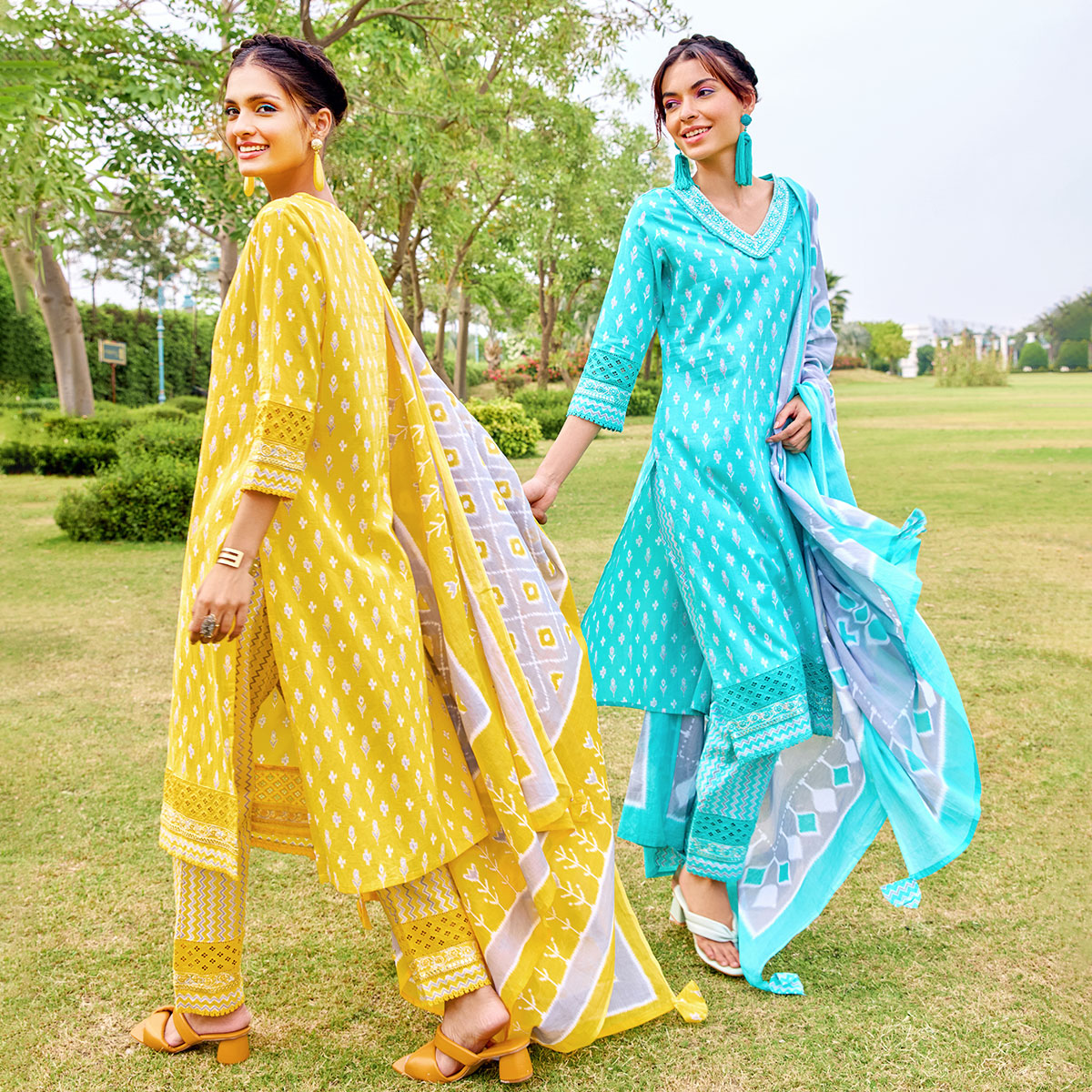 Summer Blooms🌼  Soft cotton dresses that sway in the summer breeze, painting the garden in hues of yellow and blue🩵  Don't miss out on summer's floral magic💛  #neerusindia #neerus #neerusfashion #newcollection #ethnicwear #summercollection2024 #summercollection #indianfashion