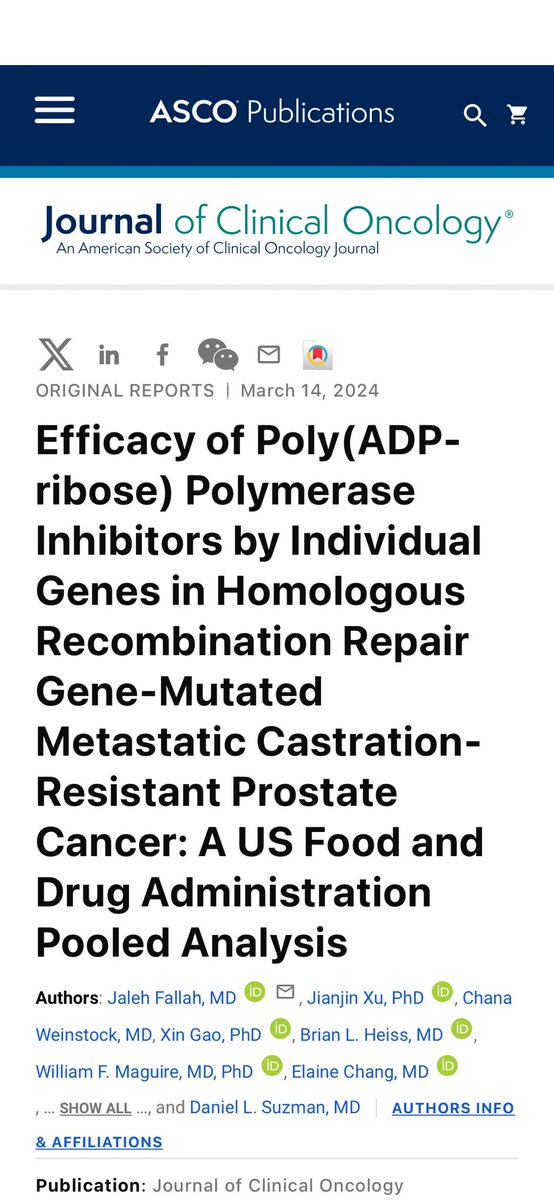 FDA published PARPi results by biomarker. Largest to date — confirming prior data that ATM and CHEK2 have poor response. High number for BRCA, CDK12, PALB2 adds confidence for good ORR + PFS ascopubs.org/doi/abs/10.120…