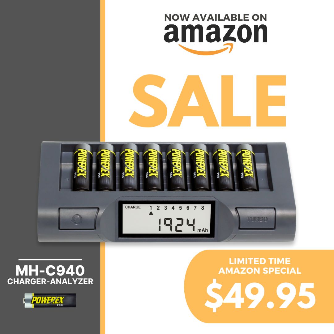 The #Powerex MH-C940 Charger-Analyzer is NOW available on Amazon! Limited Amazon Sale $49.95: amazon.com/Powerex-MH-C94… -Charges 8 AA/AAA -Default Soft Mode charges in 4 hrs -Turbo Mode charges in 2 hrs -Conditioning Mode rejuvenates older batteries w/capacity readout