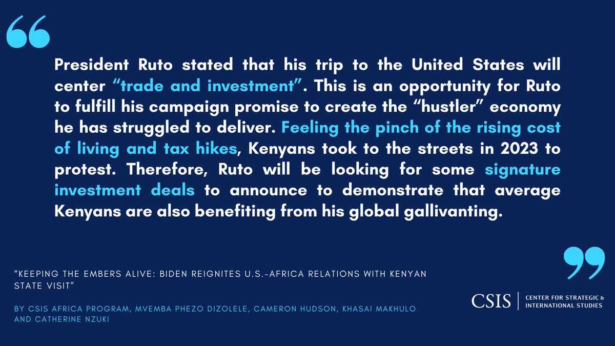 New commentary from @CSISAfrica on Kenyan President William Ruto's state visit to Washington, DC: 'Keeping the Embers Alive: Biden Reignites U.S.-Africa Relations with Kenyan State Visit' Read here: bit.ly/3wkvGJT