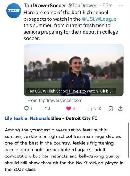 Thank you @TopDrawerSoccer and @VicOlorunfemi10 for including me!  Looking forward to playing in the @USLWLeague again this summer representing @DetroitCityFC!  

#nationalsbornandraised @NationalsGA @NLTsoccer @wearesoccershow @misoccernetwork @ImYouthSoccer @USYNT @NGSDetroit