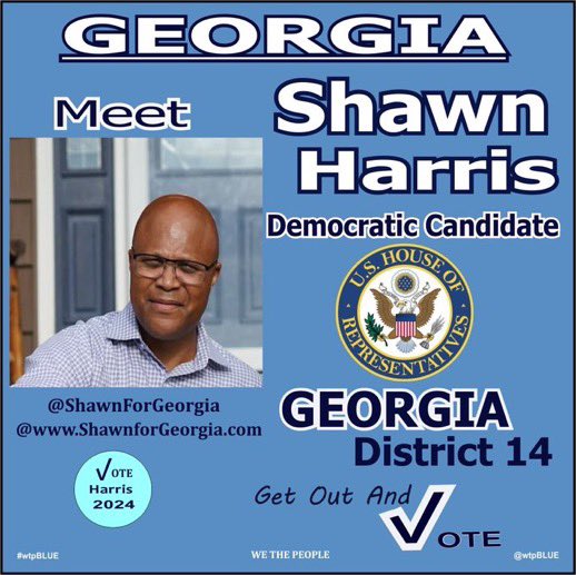 #wtpBLUE #wtpGOTV24 #DemVoice1 #ONEV1 Shawn Harris (D) Ga- 14; “ Rather than focusing on so many pressing issues facing our country at home and abroad, Congress was forced to deal with another day of drama by my opponent. a chaos agent, Marjorie Taylor…