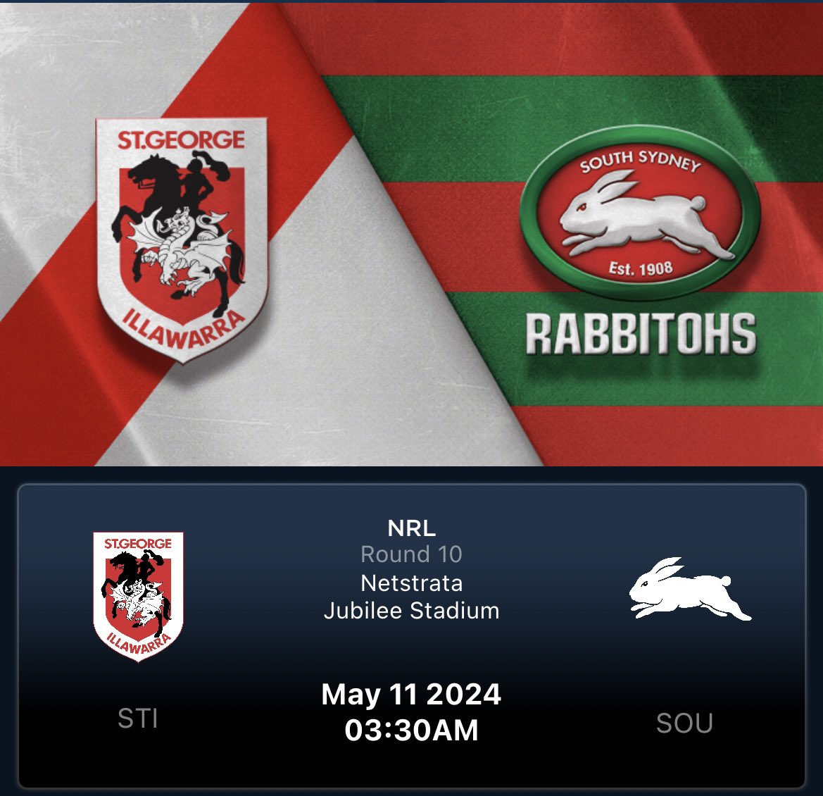 Huge game for both teams @NRL_Dragons v @SSFCRABBITOHS at the old stomping ground @JubileeStadium Love that footy field! Early start! ⏰🇺🇸Go the #RedV #NRLDragonsrabbitohs 🏉🇦🇺