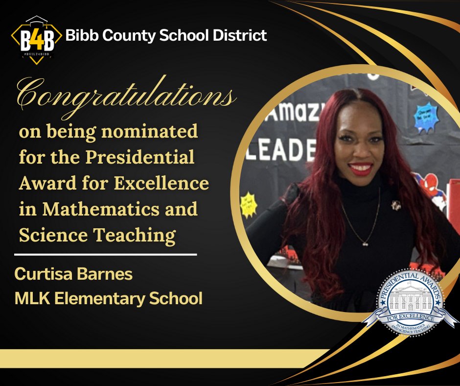 Congratulations, Curtisa Barnes, on your nomination for the PAEMST Award! Thank you so much for everything you do to shape young mathematical minds. Happy Teacher Appreciation Week! @BibbSchools @DrMLKES1 @Chicdink1 @TawanyaWilson  @Asshley25
#inspired2inspire
#Built4Bibb