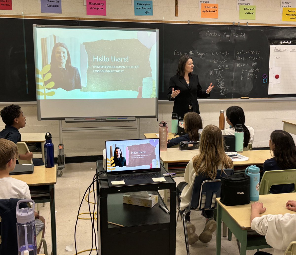 A special visit to our Gr. 2/3 and 5 classes today: our MPP @stephaniebowman! Thank you for talking to our Ss about the important role of government. @tcdsb @floracifelli @kennedyTCDSB