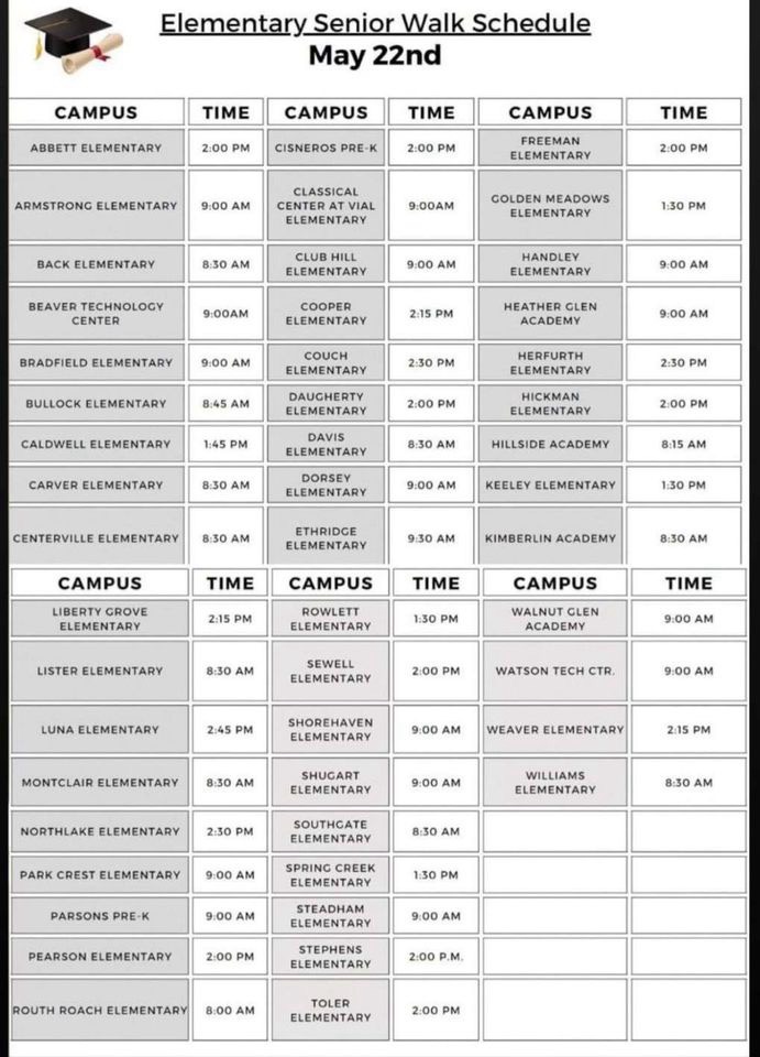 ATTENTION SENIORS AND FAMILIES... PLEASE SEE THE LIST OF ELEMENTARY SENIOR WALK SCHEDULE!