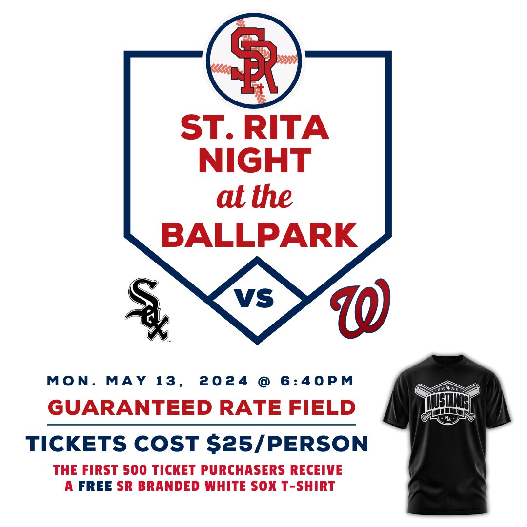 Join us for our St. Rita Night at the Ballpark on Monday, May 13. Come watch the White Sox take on the Nationals and claim your co-branded SR White Sox t-shirt! All are encouraged to meet at Turtle's Bar & Grill before the game at 5 PM. Get tickets here: stritahs.com/alumni-events/…