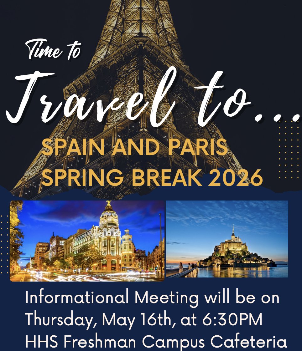 Are you dreaming of Spring Break 2026? Join Howell High School for an exciting journey to Spain and Paris! Learn all about the trip at an informational meeting on Thursday, May 16, at 6:30 p.m. at the HHS Freshman Campus Cafeteria. RSVP at bit.ly/3yb4xJL.