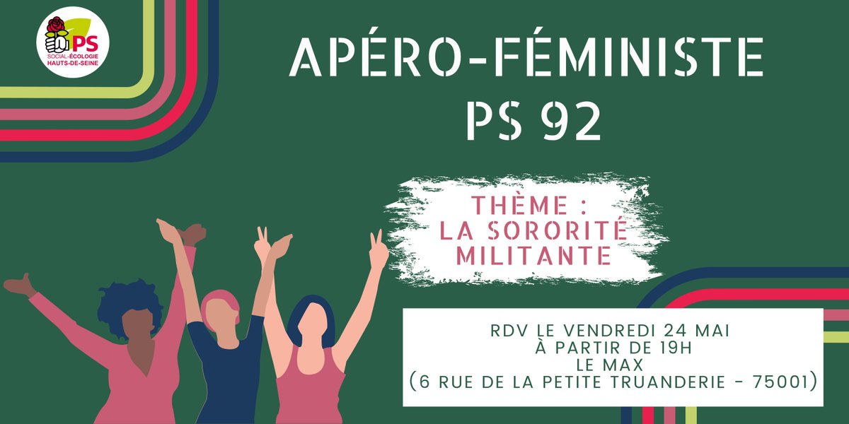 Nous organisons notre 2e apéro féministe ce 24 juin et le thème sera celui de la #sororité dans le militantisme !
🕖  à partir de 19h
📍 Le Max, 6 rue de la petite truanderie, 75001
👉 réunion en non-mixité, ouverte à toutes les femmes militantes ou sympathisantes
