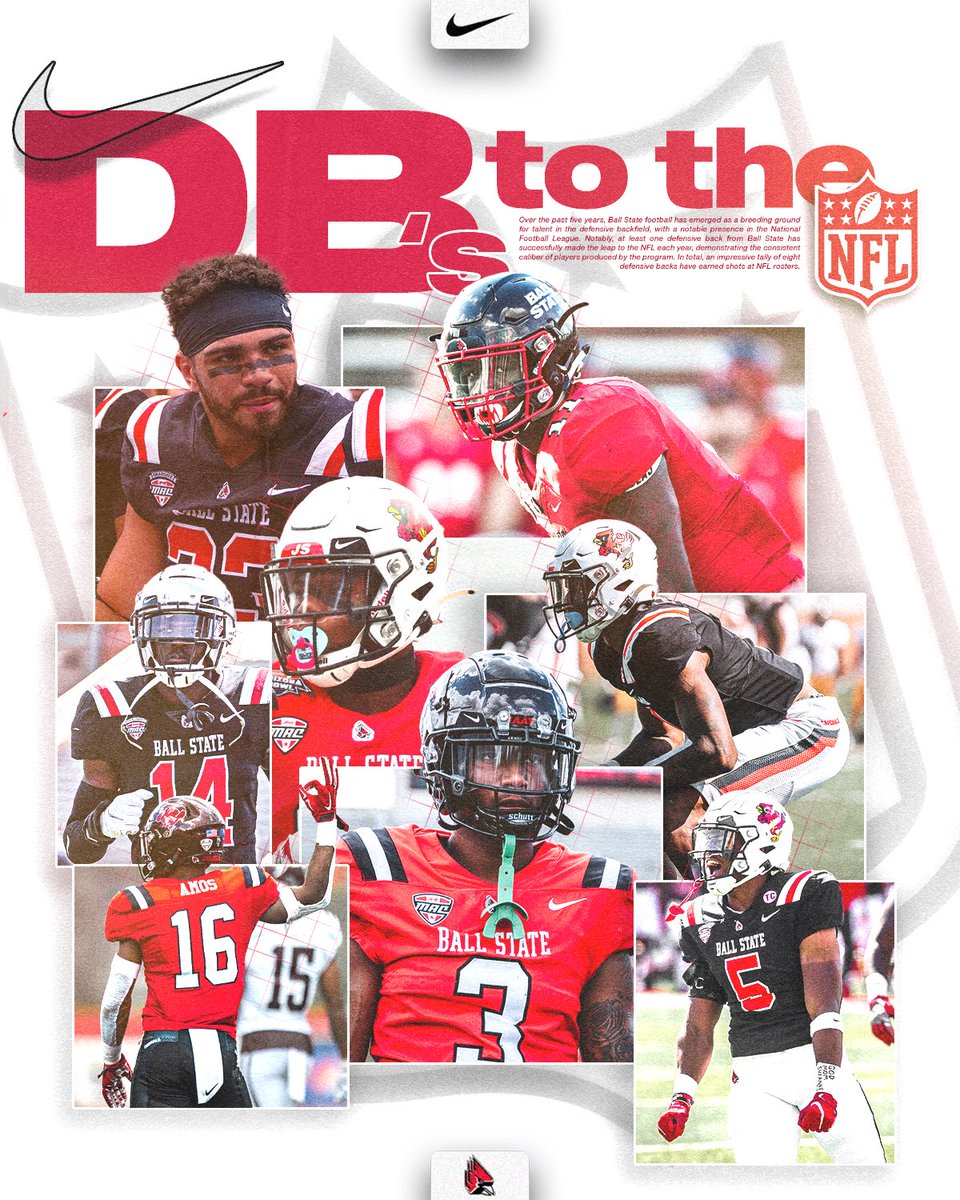 Ball State Football (@ballstatefb) on Twitter photo Ball State Football has had a DB sign with an NFL team every year since 2019
2019: Ray Wilborn ➡️ Falcons
2020: Antonio Phillips ➡️ Bengals
2021: Bryce Cosby ➡️ Raiders
            JT Wahee ➡️ Bucs
2022: Nic Jones ➡️ Chiefs
             AJ Uzodinma ➡️ Chargers Ball State Football has had a DB sign with an NFL team every year since 2019
2019: Ray Wilborn ➡️ Falcons
2020: Antonio Phillips ➡️ Bengals
2021: Bryce Cosby ➡️ Raiders
            JT Wahee ➡️ Bucs
2022: Nic Jones ➡️ Chiefs
             AJ Uzodinma ➡️ Chargers