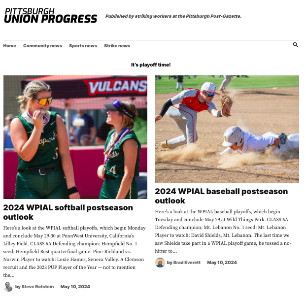 It's time for the playoffs! Softball and baseball. @SteveRotstein and @BREAL412. All tied together by a lot of @Emily_M215, with a little help from @MattFreedPhoto. Above the fold and only here on the PUP: unionprogress.com
