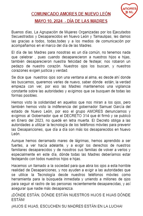 #10deMayo2024 Compartimos Comunicado de AMORES Agrupación de Mujeres Organizadas por los Ejecutados, Secuestrados y Desaparecidos de Nuevo León y Tamaulipas #diadelasmadres❤️