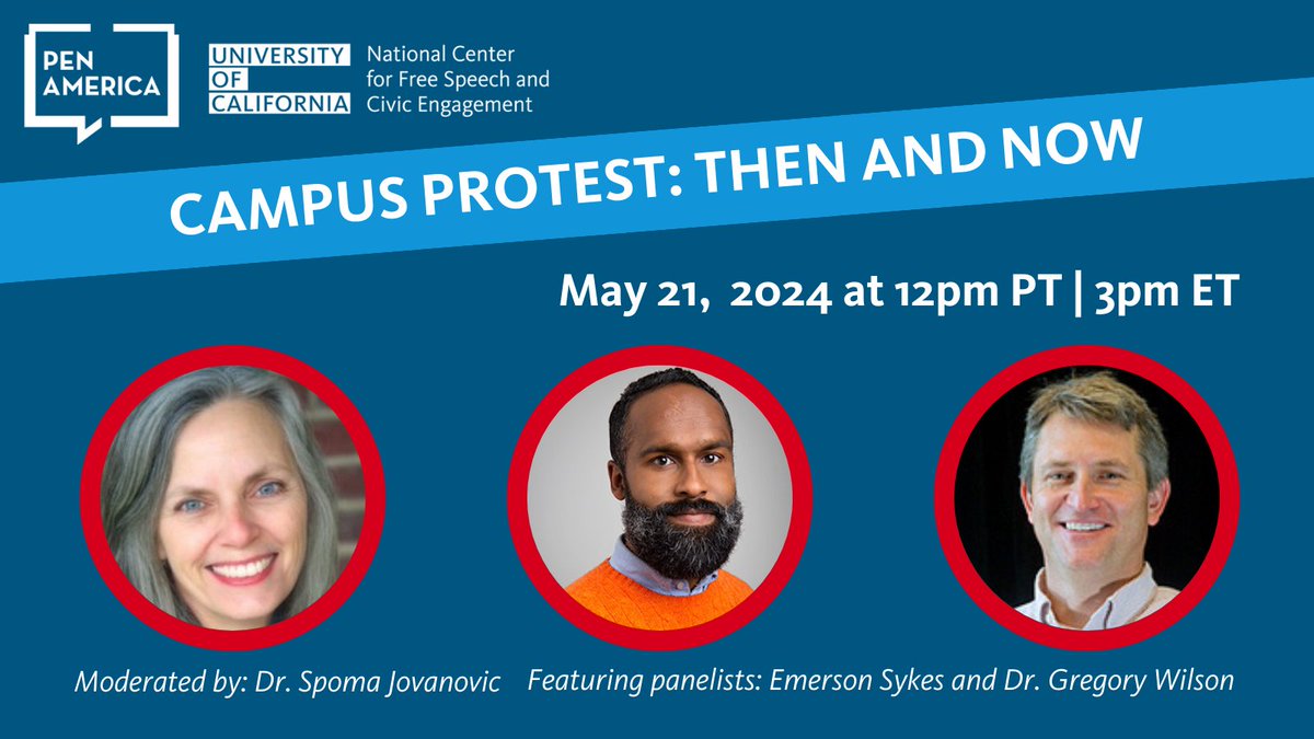 Join us Tuesday May 21 at 12pm PT/3pm ET for a panel conversation on 'Campus Protest: Then and Now' Hosted with @PENamerica Register now: uci.zoom.us/webinar/regist…