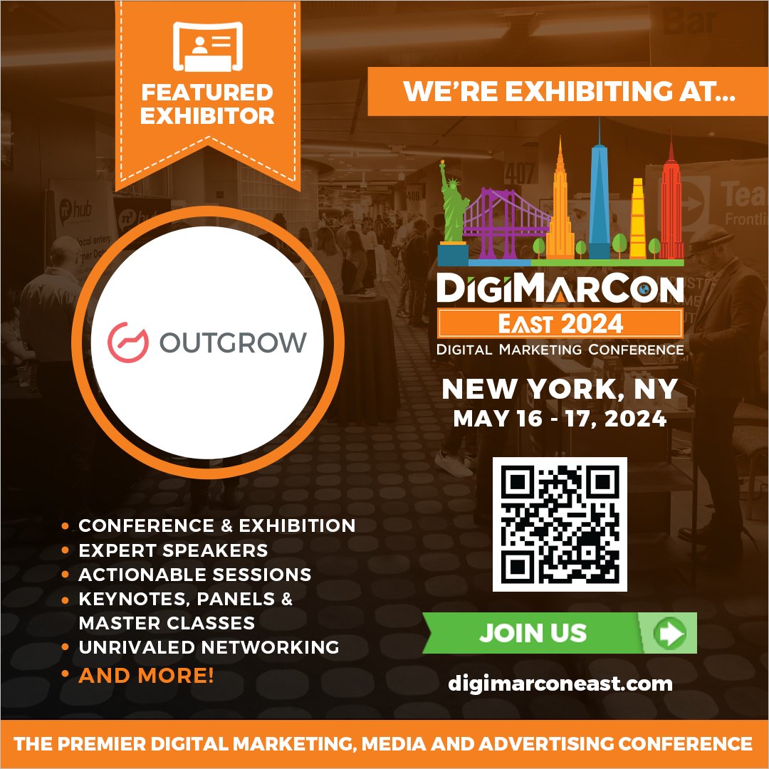 Engage with the latest trends and strategies in #digitalmarketing at #DigiMarConEast 2024! Join #Outgrow as exhibitors from May 16th to 17th, 2024, at the New York Marriott at the Brooklyn Bridge Hotel. Register now! digimarconeast.com #MarketingEvent #DigiMarCon #NewYork