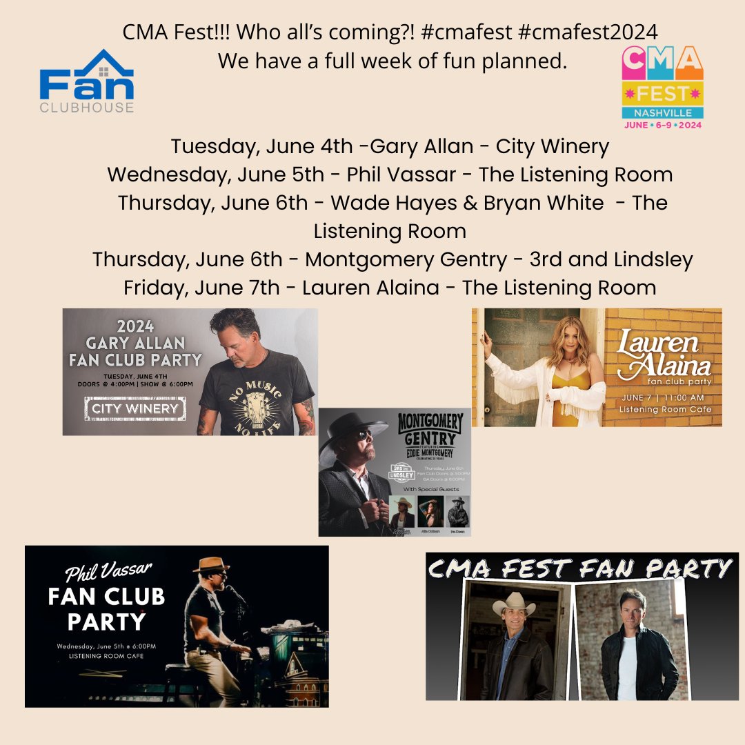 CMA Fest!!! Who all’s coming?! #cmafest #cmafest2024
We have a full week of fun planned.
Tuesday, June 4th - @Gary Allan - City Winery Nashville
Wednesday, June 5th - @Phil Vassar - The Listening Room Cafe
Thursday, June 6th - Wade Hayes & Bryan White - The Listening Room...
