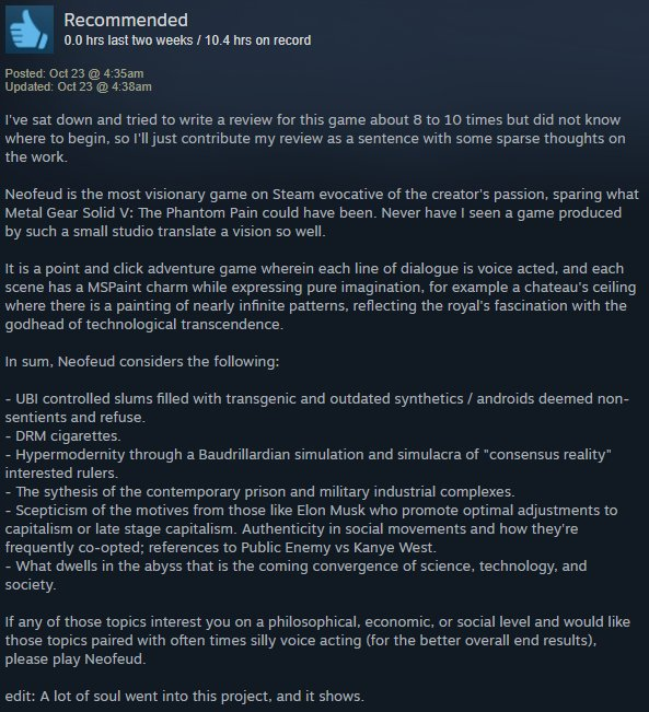 Not sure I can accept 'Most visionary game on Steam' award, but UBI controlled slums, consensus reality manufacture, prison/military-industrial complex, yep store.steampowered.com/app/673850/Neo… #cyberpunk #indiedev #indiegame #steam #steamsale #gamersunite #scifi #indiegames #Steamdeals