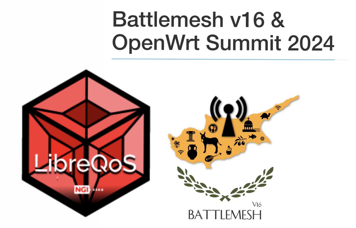 #LibreQoS is going to @battlemesh v16 & #OpenWrt Summit 2024!

See you all in #Cyprus 🇨🇾, May 15-19:

battlemesh.org/BattleMeshV16

#bufferbloat #latency #jitter #WiFi #BattleMeshV16 #OpenWrtSummit #QoE #wireless #QualityOfExperience #OpenSource #FLOSS #BattleMesh 
#RFC8290 #sch_CAKE