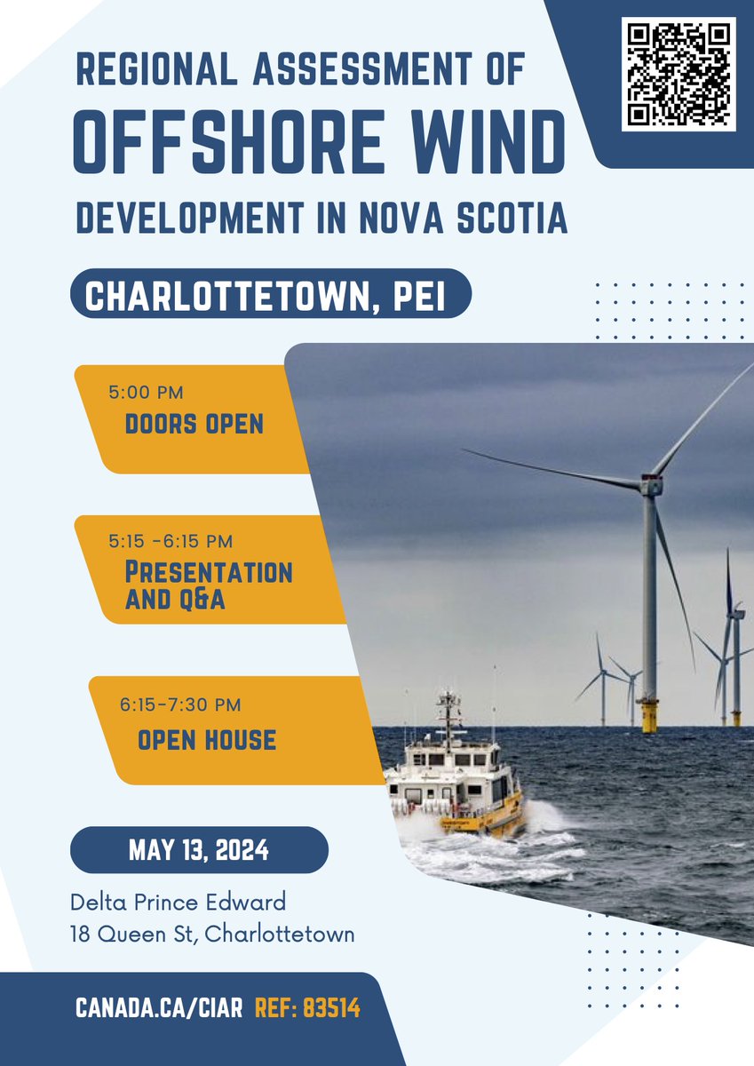 📢 #PEI Residents! A #RegionalAssessment for #OffshoreWind development engagement session is coming your way! 📍May 13 | Charlottetown These are great opportunities to learn and share your thoughts on offshore wind. Don't miss it! Learn more here 👉iaac-aeic.gc.ca/050/evaluation…